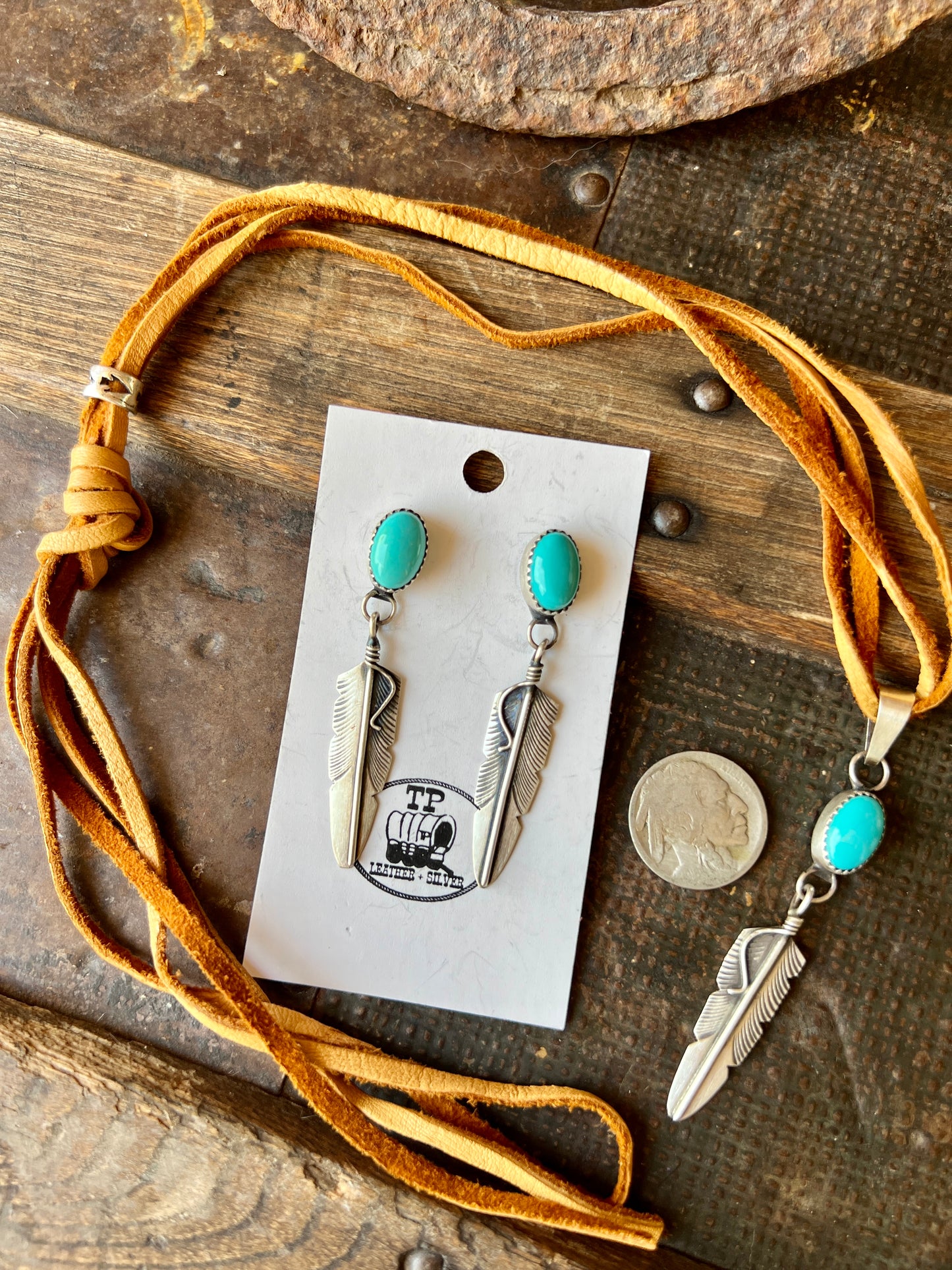 Navajo Handmade by Chris Charley Sterling Silver Feather with Sonoran Turquoise post dangle earrings& Pendant Deerskin Lace Necklace Set