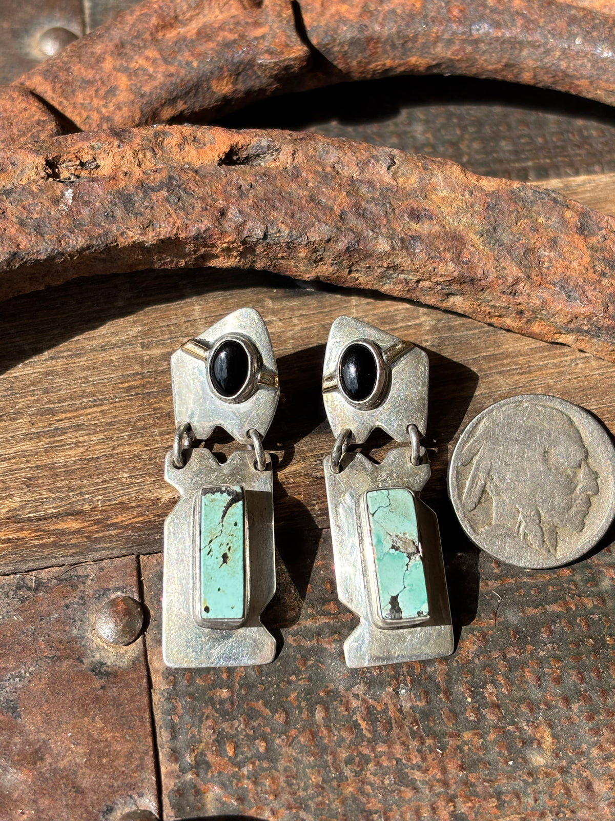 Vintage Handmade Sterling Silver, Turquoise, Onyx & 14kt Gold Dangle Post Earrings 1.65”