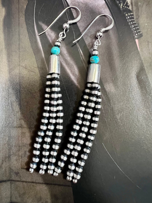 Sterling & Turquoise Tassel Dangle Earrings 3”