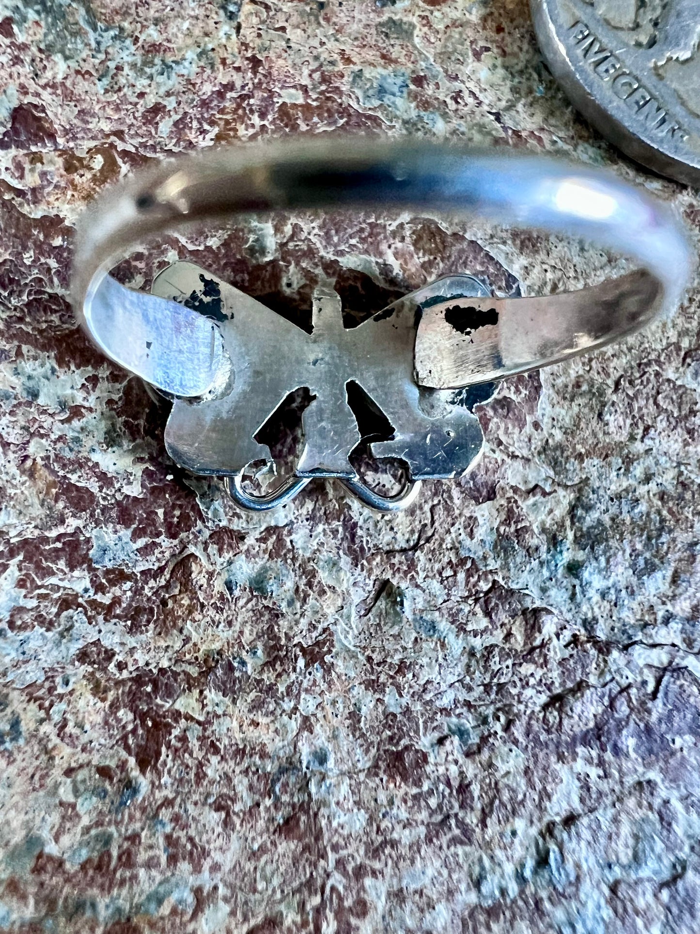 Native American Handmade by Ken Peyketewa- Sterling, Mother-of-pearl, Jet & Turquoise Inlaid Butterfly Ring Sz 7.5