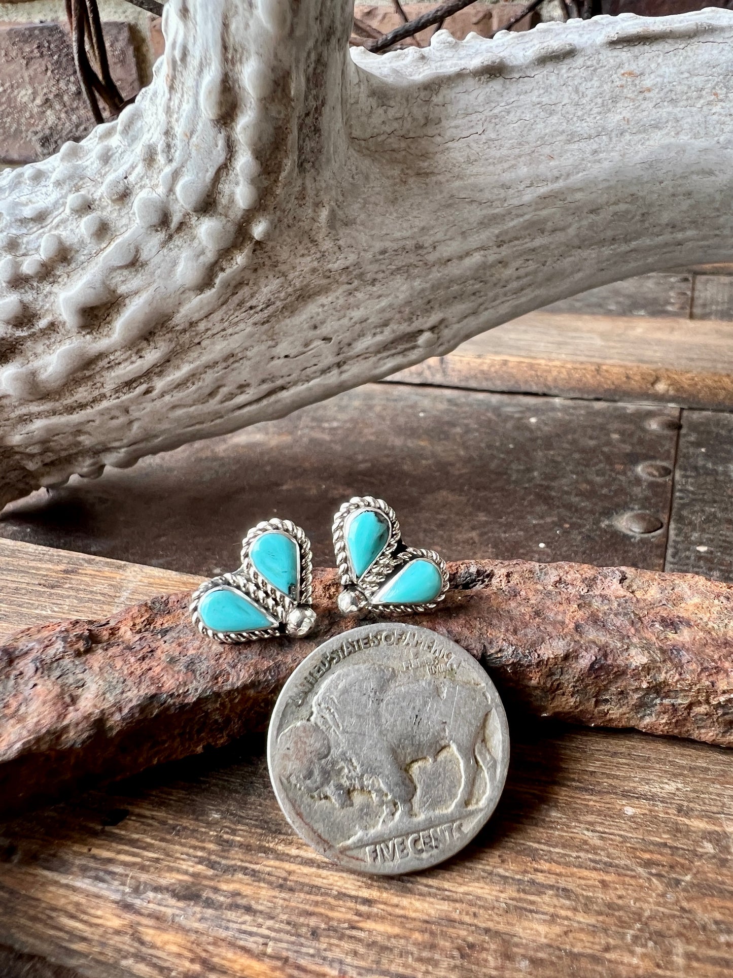 Zuni Pueblo Handmade Dainty Sterling & Turquoise 2-stone Cluster Post Earrings .5”x.40”