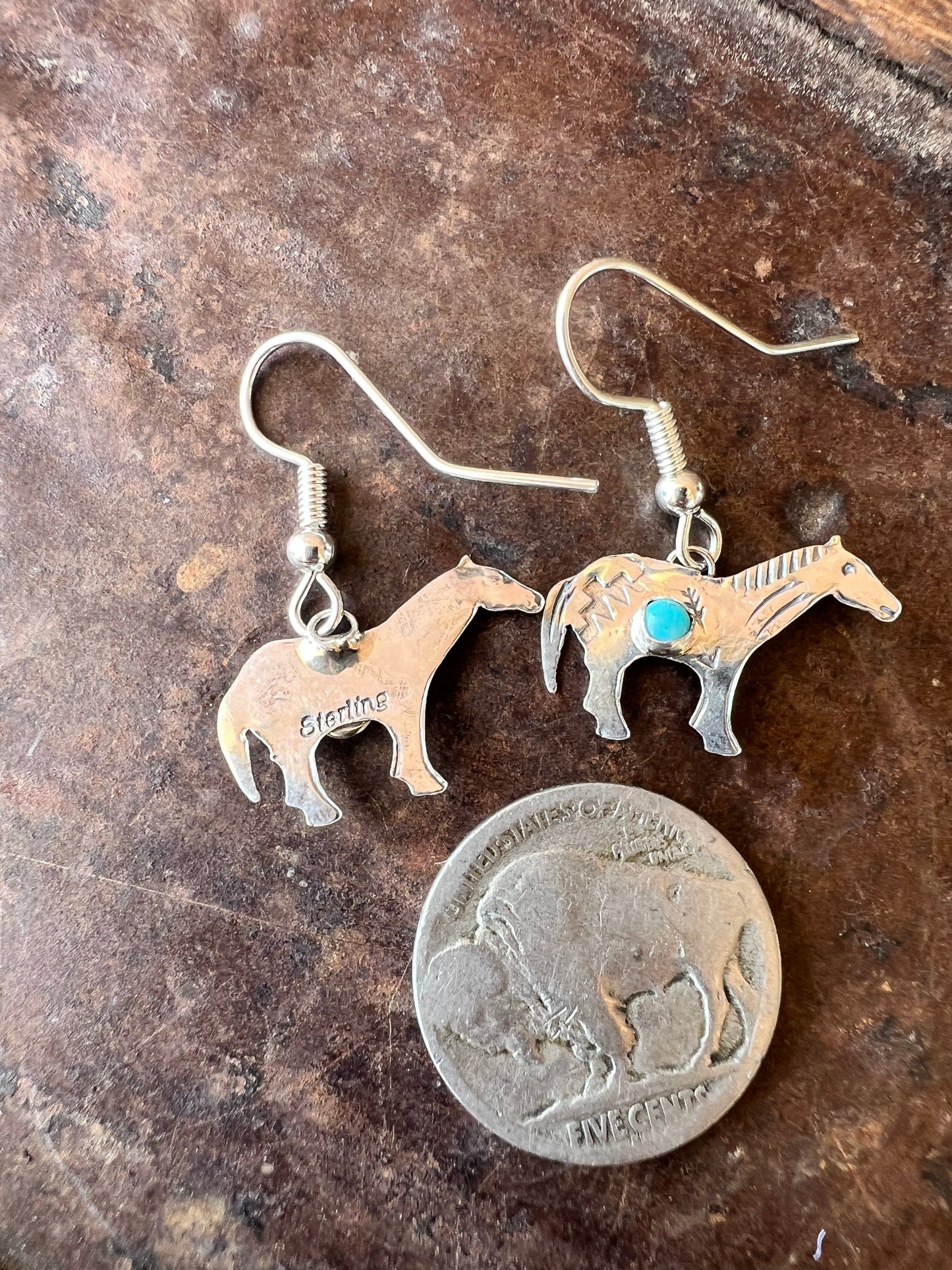 Dainty Handmade by Lucille Platero (Navajo) Turquoise & Sterling Silver Horse Earrings 1 1/4” Length