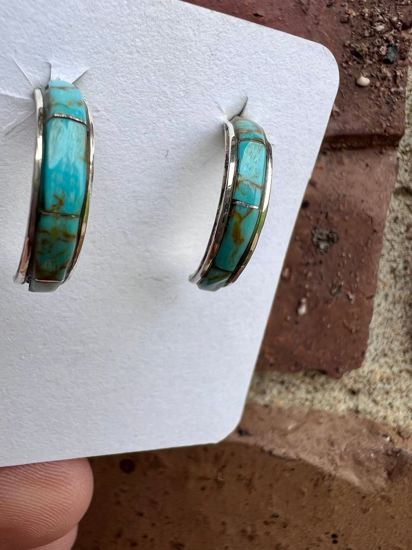 Handmade Sterling & Kingman Turquoise Inlay Half-hoop Post Earrings