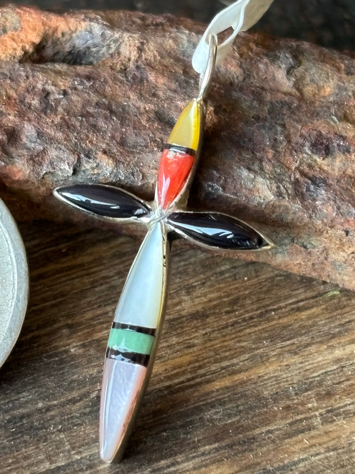 Zuni Handmade Sterling & Multi-stone Inlay Cross Pendant 1.5”