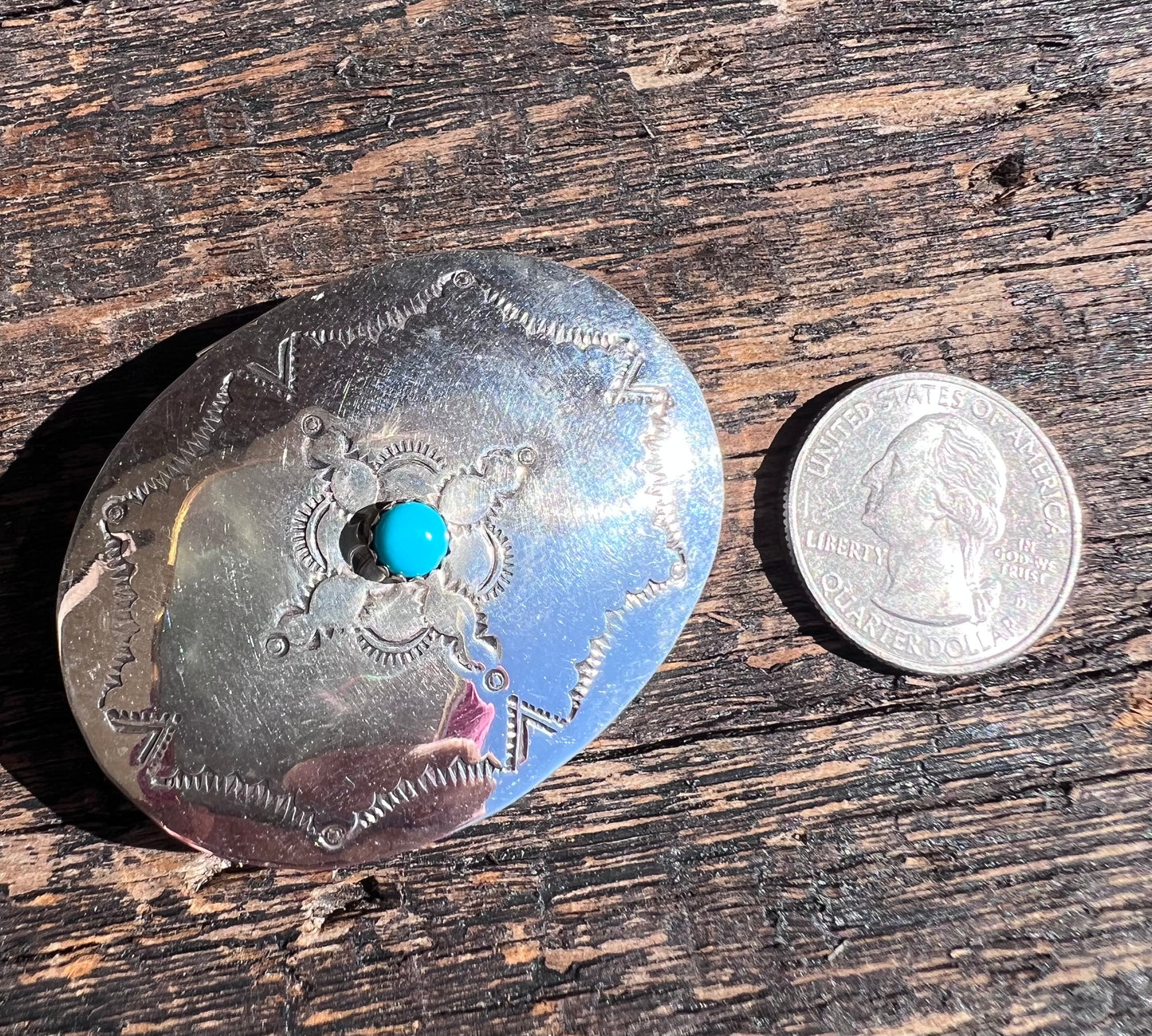 Sterling Silver w/Turquoise and Stamped Oval Pill/Trinket Box Navajo Handmade by Jeffery Castillo