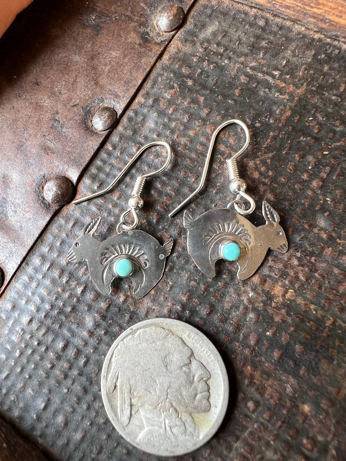 Dainty Handmade by Lucille Platero (Navajo) Turquoise & Sterling Silver Rabbit Earrings 1.25” Length