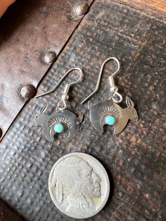 Dainty Handmade by Lucille Platero (Navajo) Turquoise & Sterling Silver Rabbit Earrings 1.25” Length