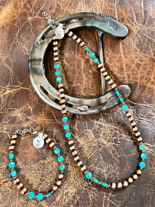 Copper & Faceted Turquoise 6mm Bead Necklace 18-20” & Bracelet 7-8” Set
