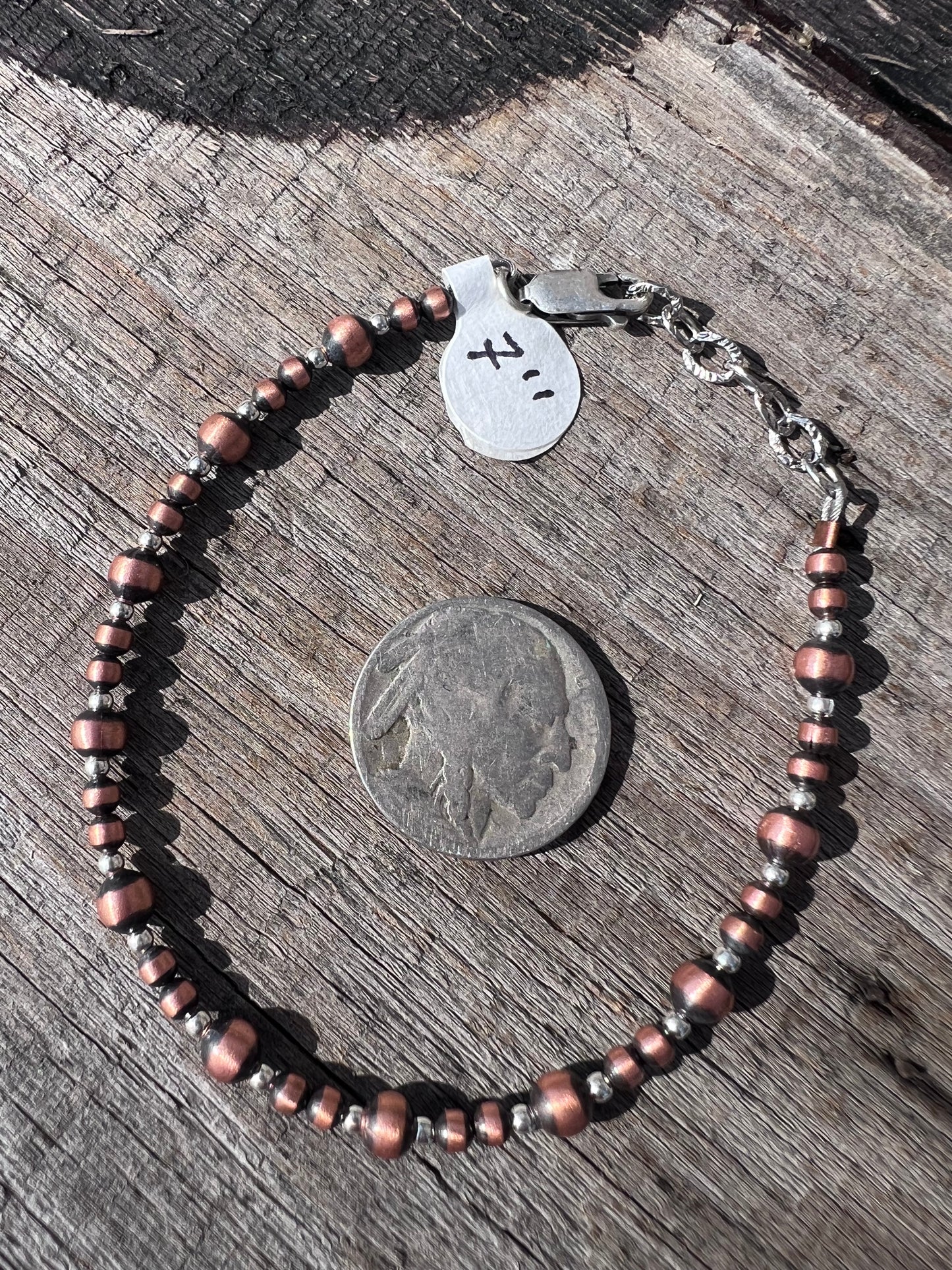 Sterling & Oxidized Copper Bead 2-4mm Necklace 14-15.5” & Bracelet 7-7.5” Set