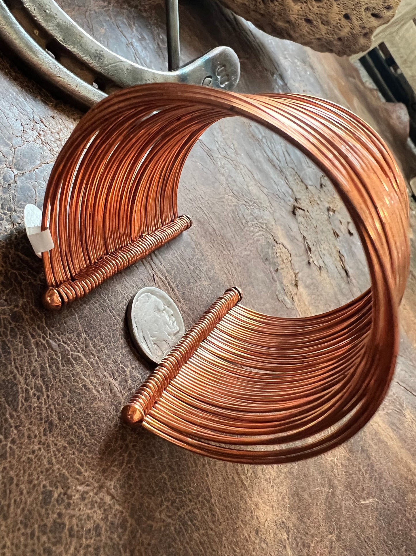 Long Copper Wire Cuff Bracelet 2.5” wide Sz 6 6/8”