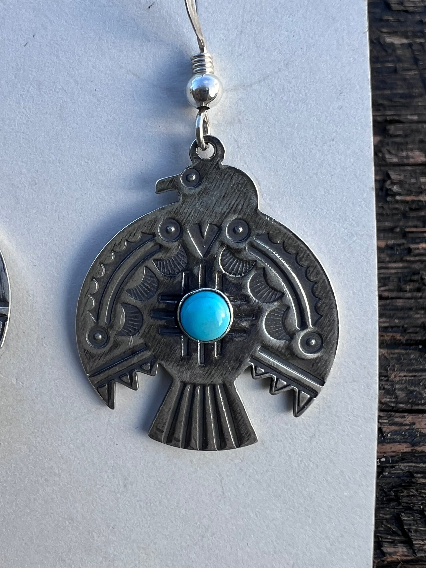 Native American Handmade Sterling Silver Stamped Thunderbird Dangle Earrings 1.75”