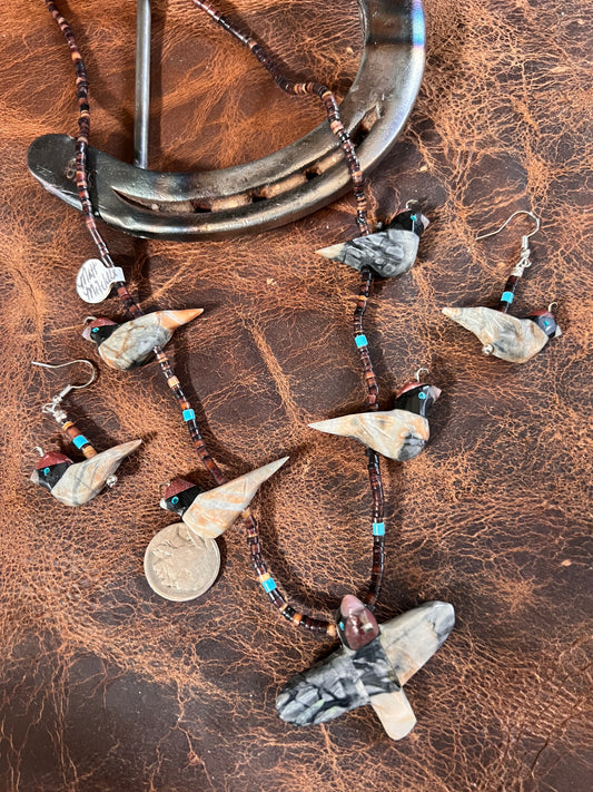Matthew Mitchell Handmade Jasper Quail Fetish Earrings & Necklace 24”