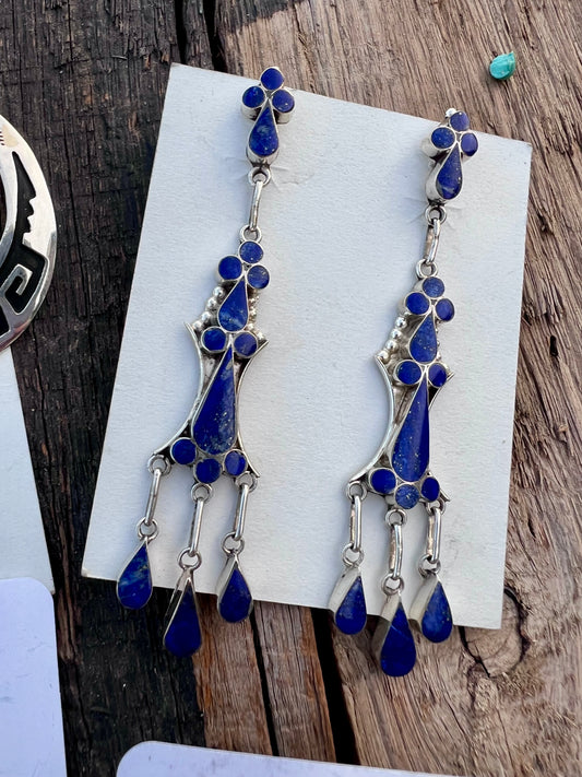 Native Zuni Lapis & Sterling plots Dangle Earrings 3.5”