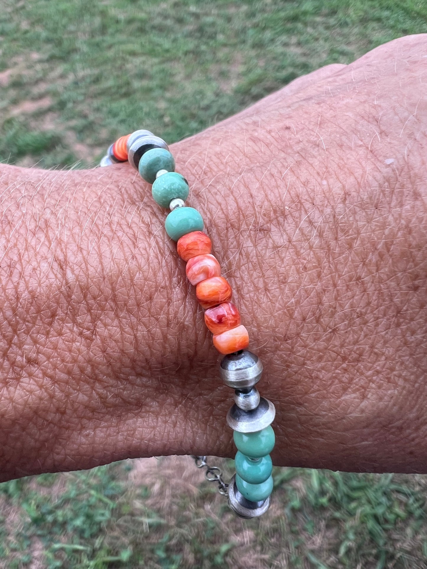 Sterling, Orange Spiny & Turquoise Beaded 3-6mm Bracelet Sz 6-7”