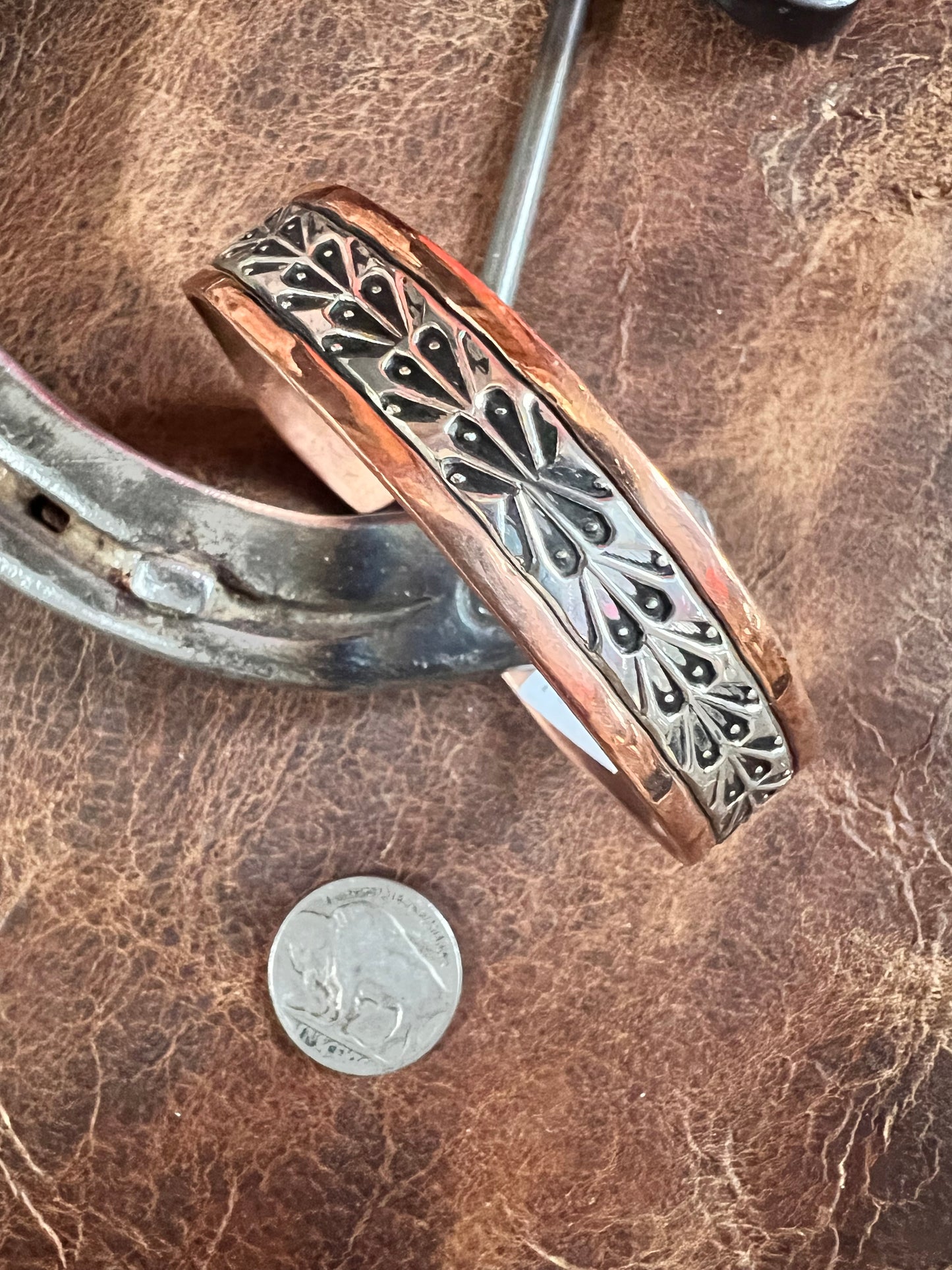 Copper & Sterling Stamped Cuff Bracelet Navajo Handmade by C. Littl - Sz 7.5”