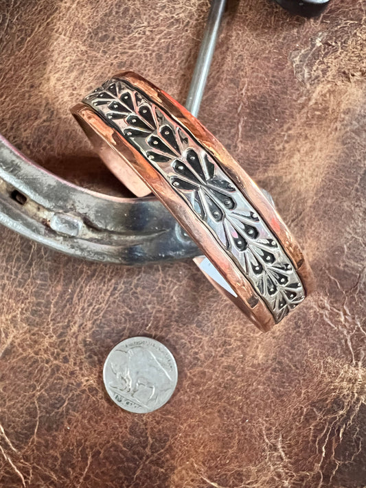 Copper & Sterling Stamped Cuff Bracelet Navajo Handmade by C. Littl - Sz 7.5”