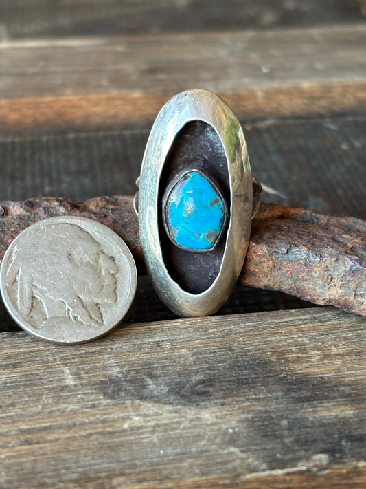 Vintage Native Handmade Sterling  Silver & Kingman Turquoise Shadowbox Ring Sz 7.5