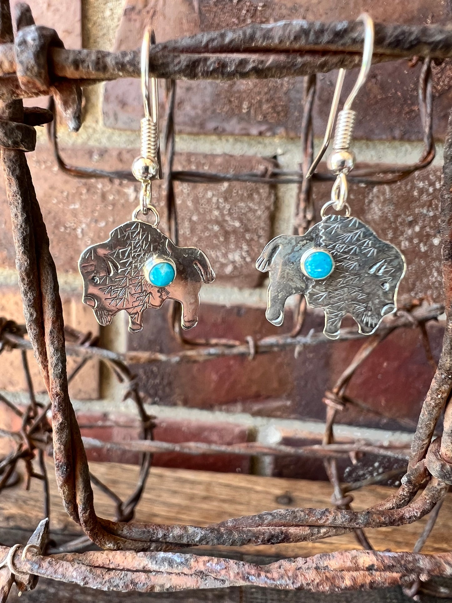 Dainty Handmade by Lucille Platero (Navajo) Turquoise & Sterling Silver Buffalo Earrings 1.25” Length