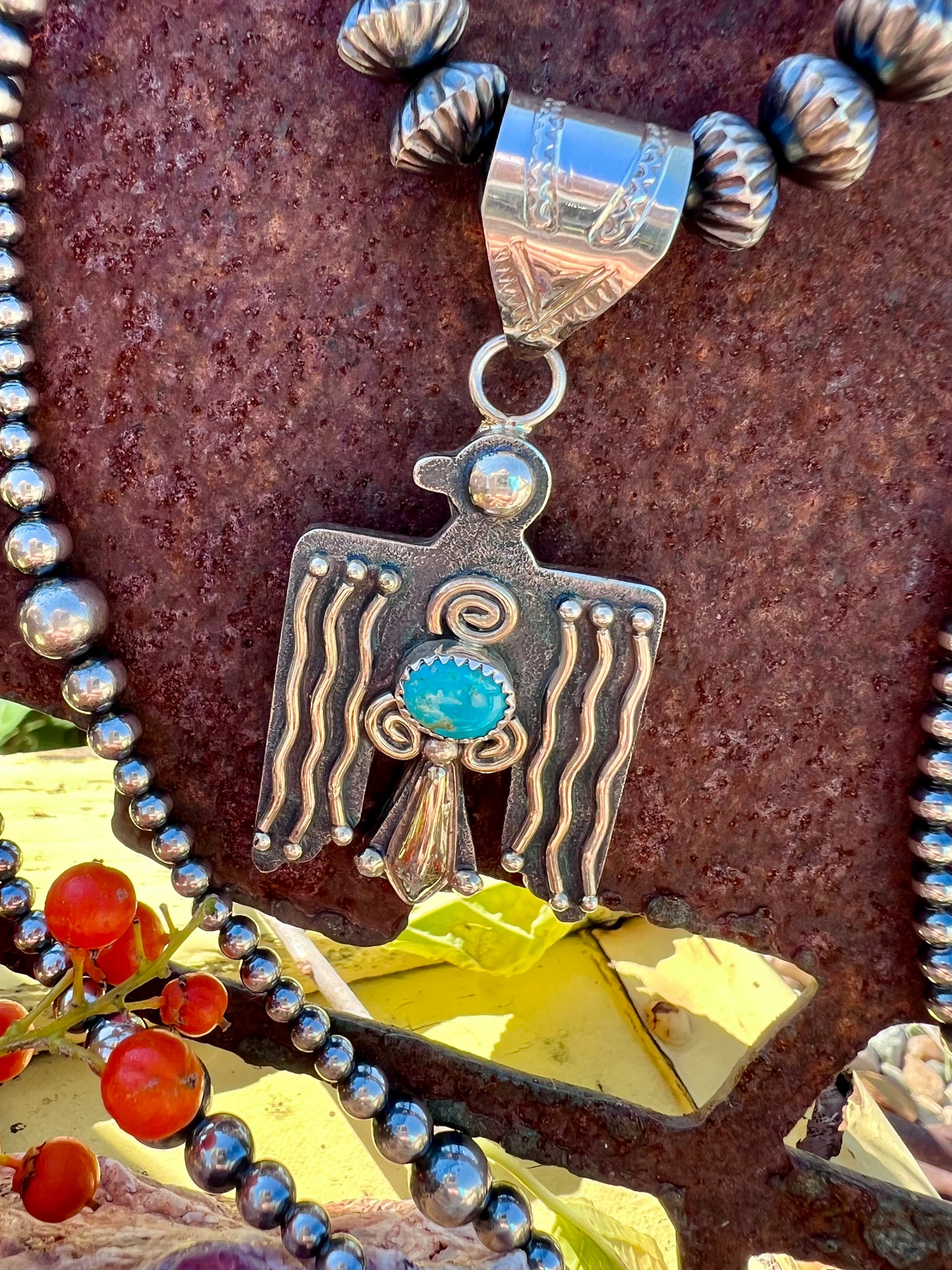 Navajo Handmade Sterling Silver 2-tone & Turquoise Thunderbird Pendant 2.75”x 1.25”
