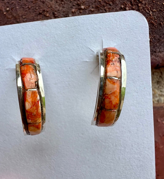 Handmade Sterling & Orange Spiny Oyster Inlay Half-hoop Post Earrings