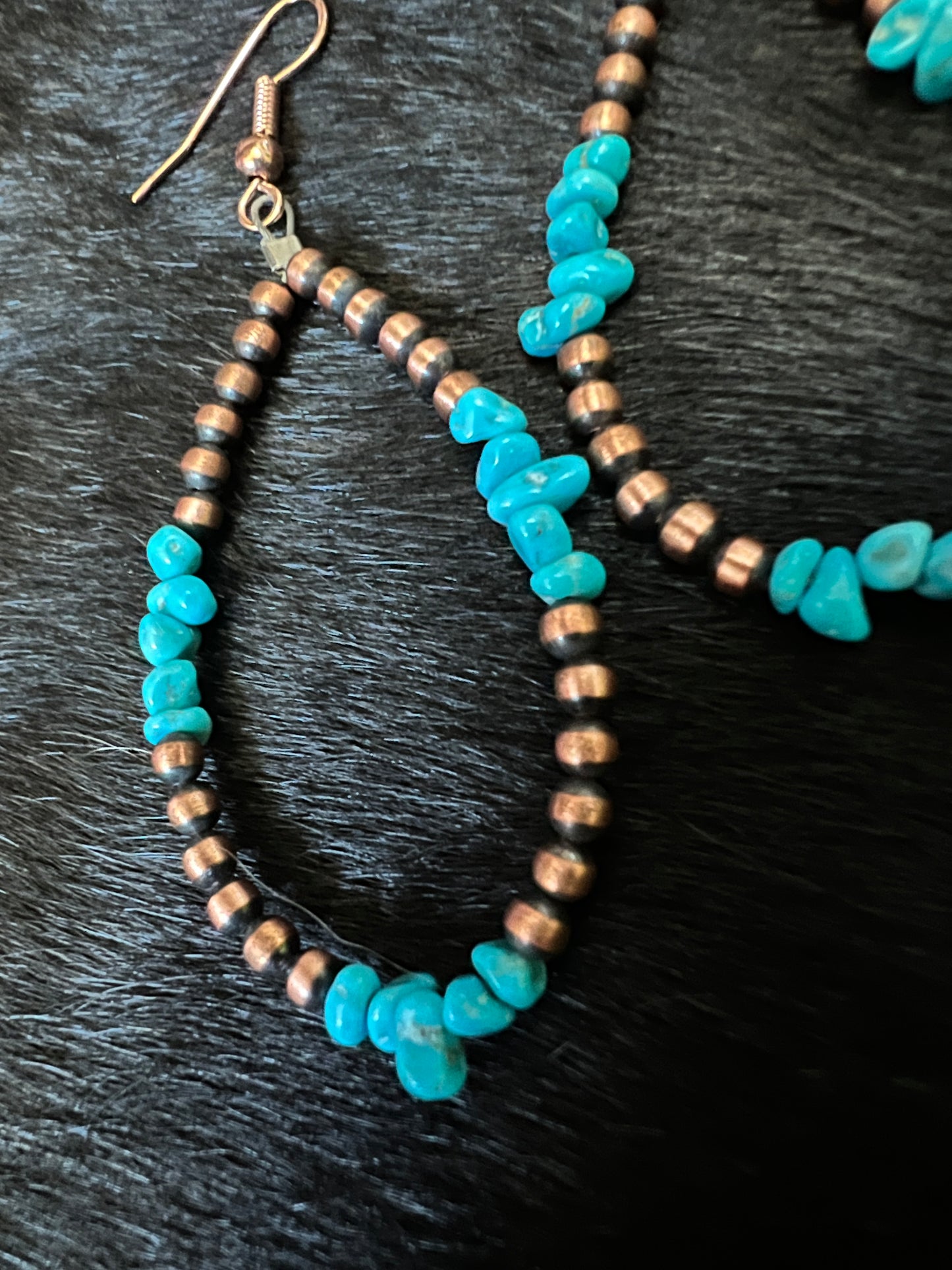 Genuine Copper Bead (3mm) & Sleeping Beauty Turquoise Hoop Dangle Earrings 2 3/4”
