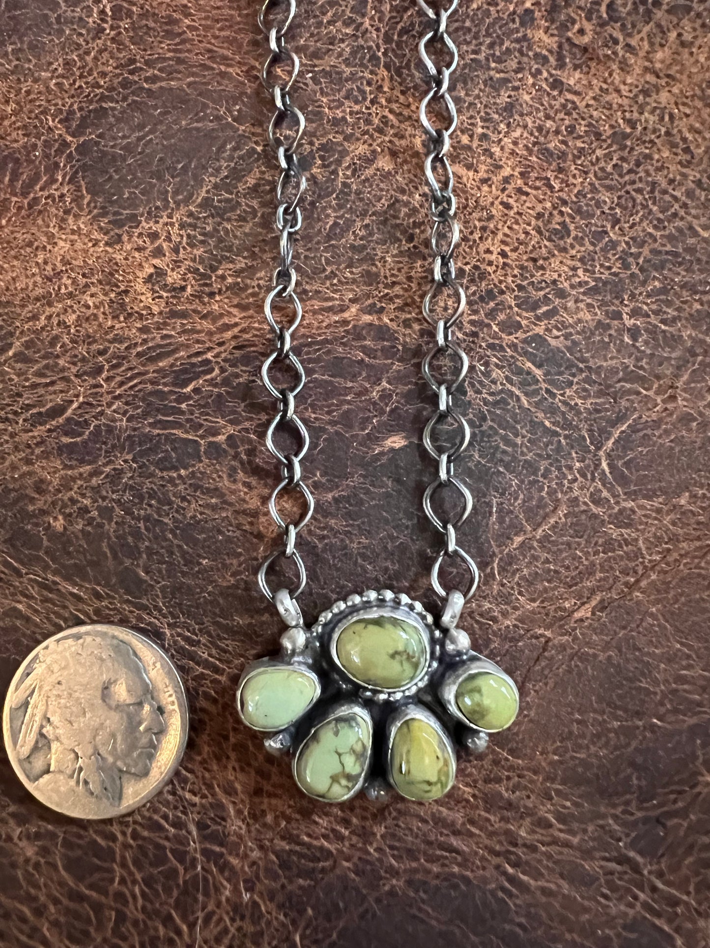 Handmade by Travis Jim, Sterling & Sonoran Turquoise Cluster Pendant Necklace 20”