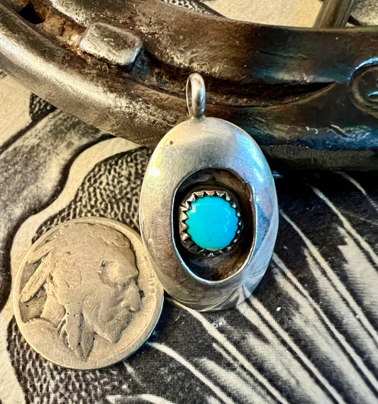 Vintage Sterling & Turquoise Shadowbox Pendant Navajo Handmade