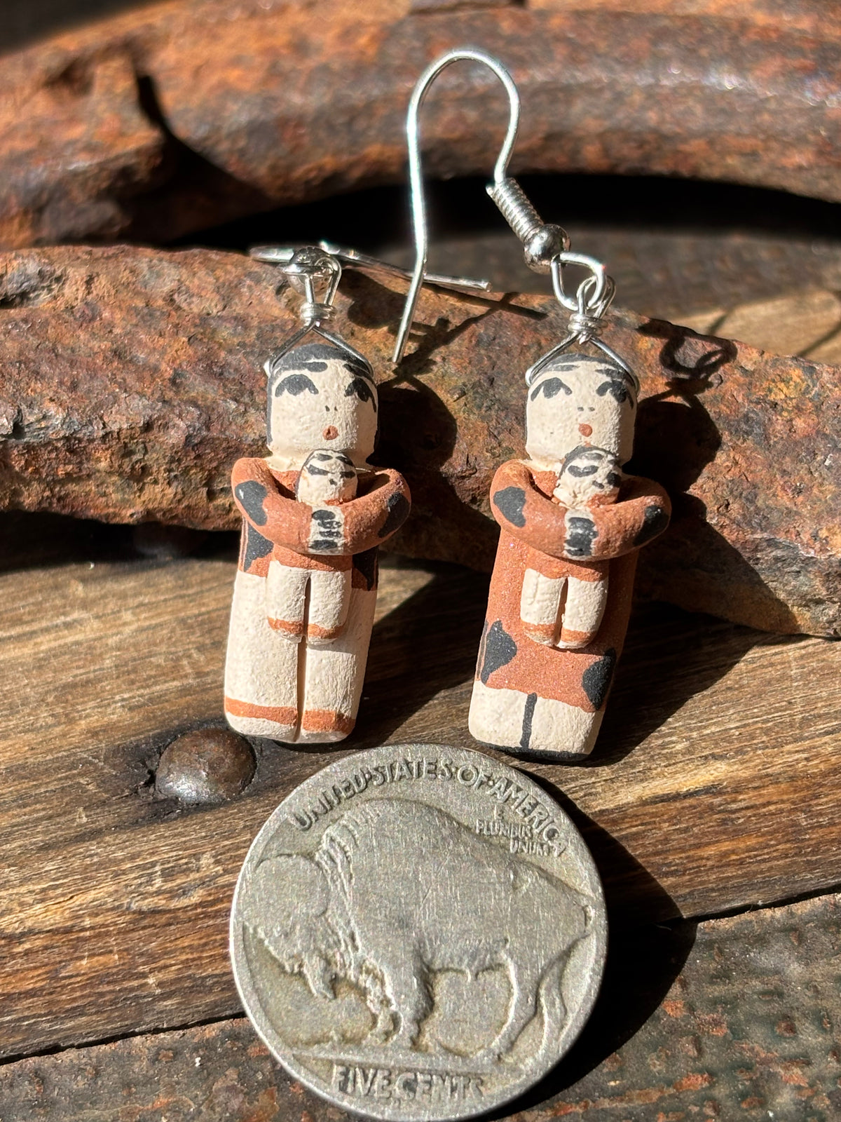 Native Handmade by Angel Bailon- Storyteller Pottery Dangle Pottery Earrings 1.8” long