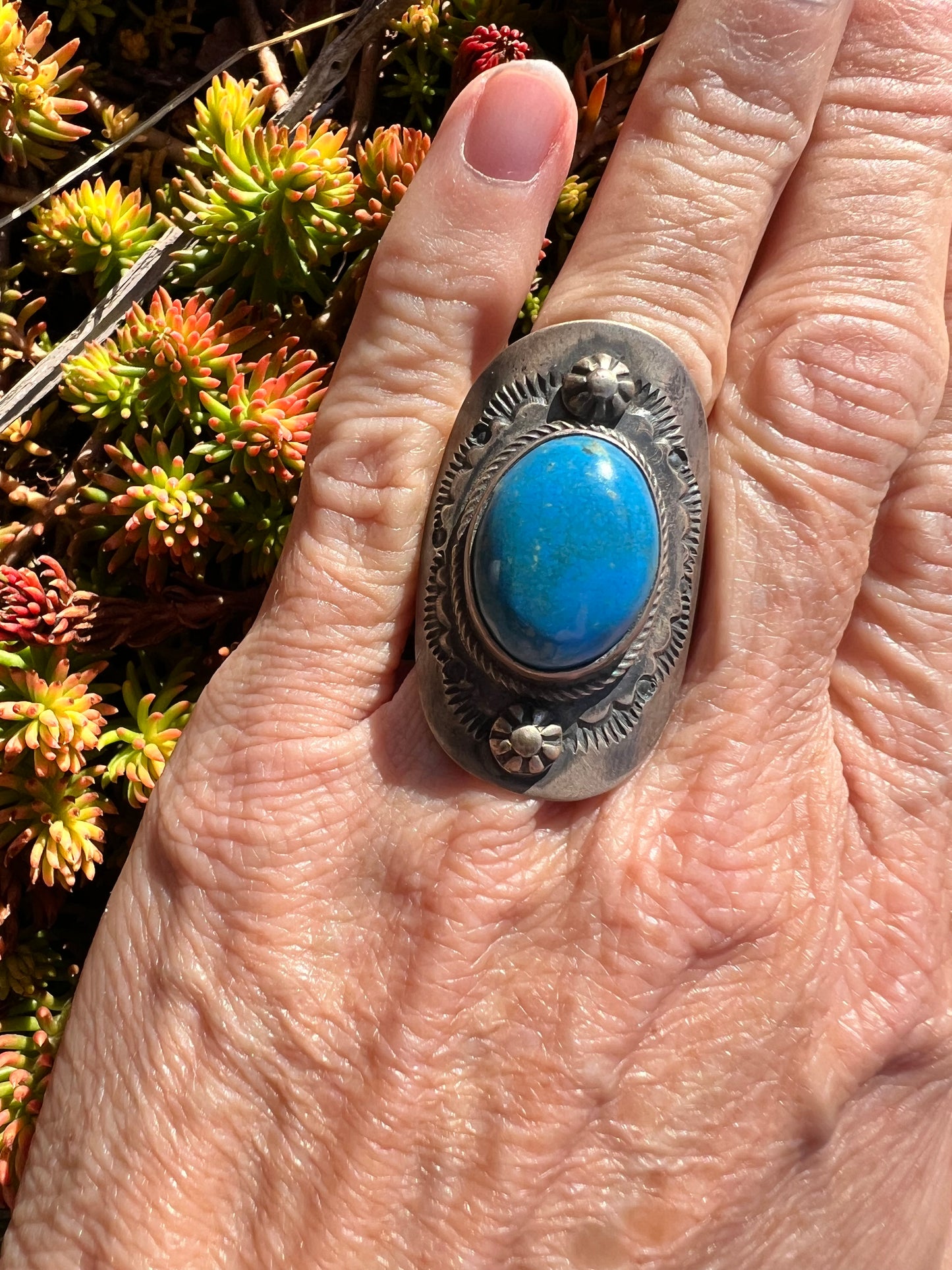 Rare Ceruleite & Sterling Silver Navajo Handmade by Bobby Johnson Sz 6