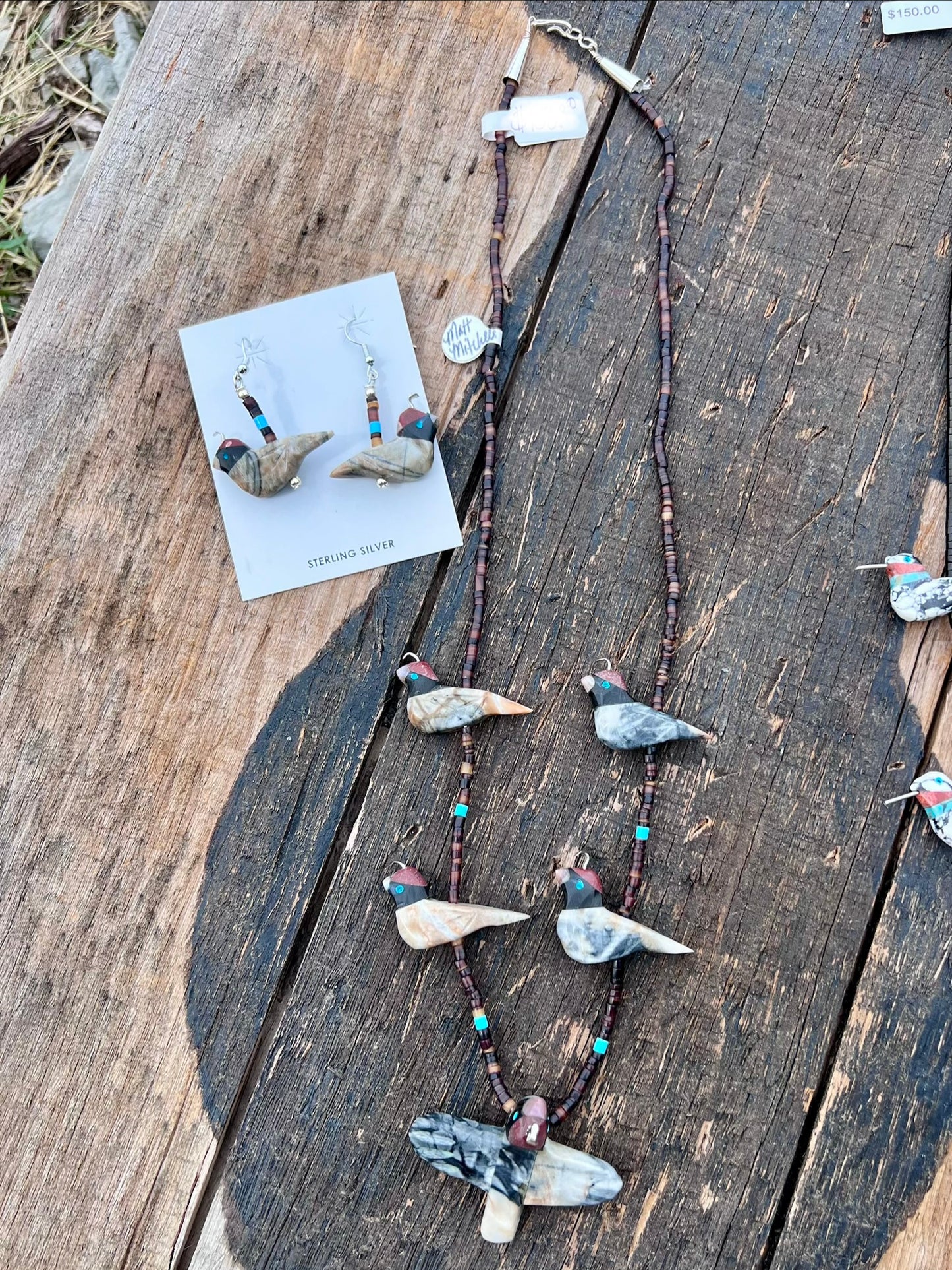 Matthew Mitchell Handmade Jasper Quail Fetish Earrings & Necklace 24”