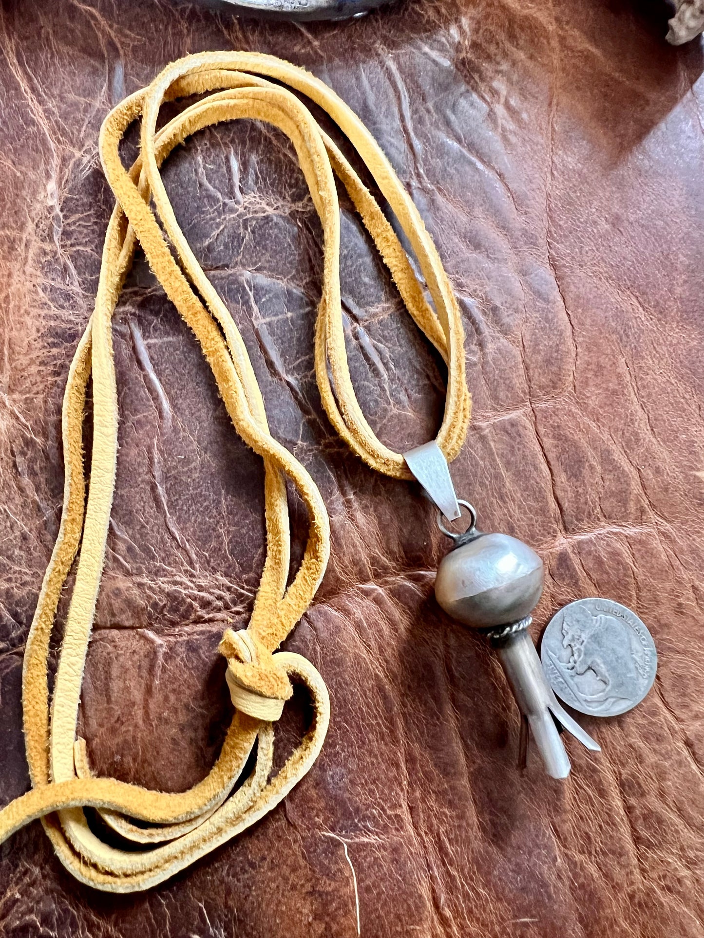 Navajo Handmade by Monica Smith, Sterling Silver Blossom Pendant on Deer Leather Lace Necklace 24”