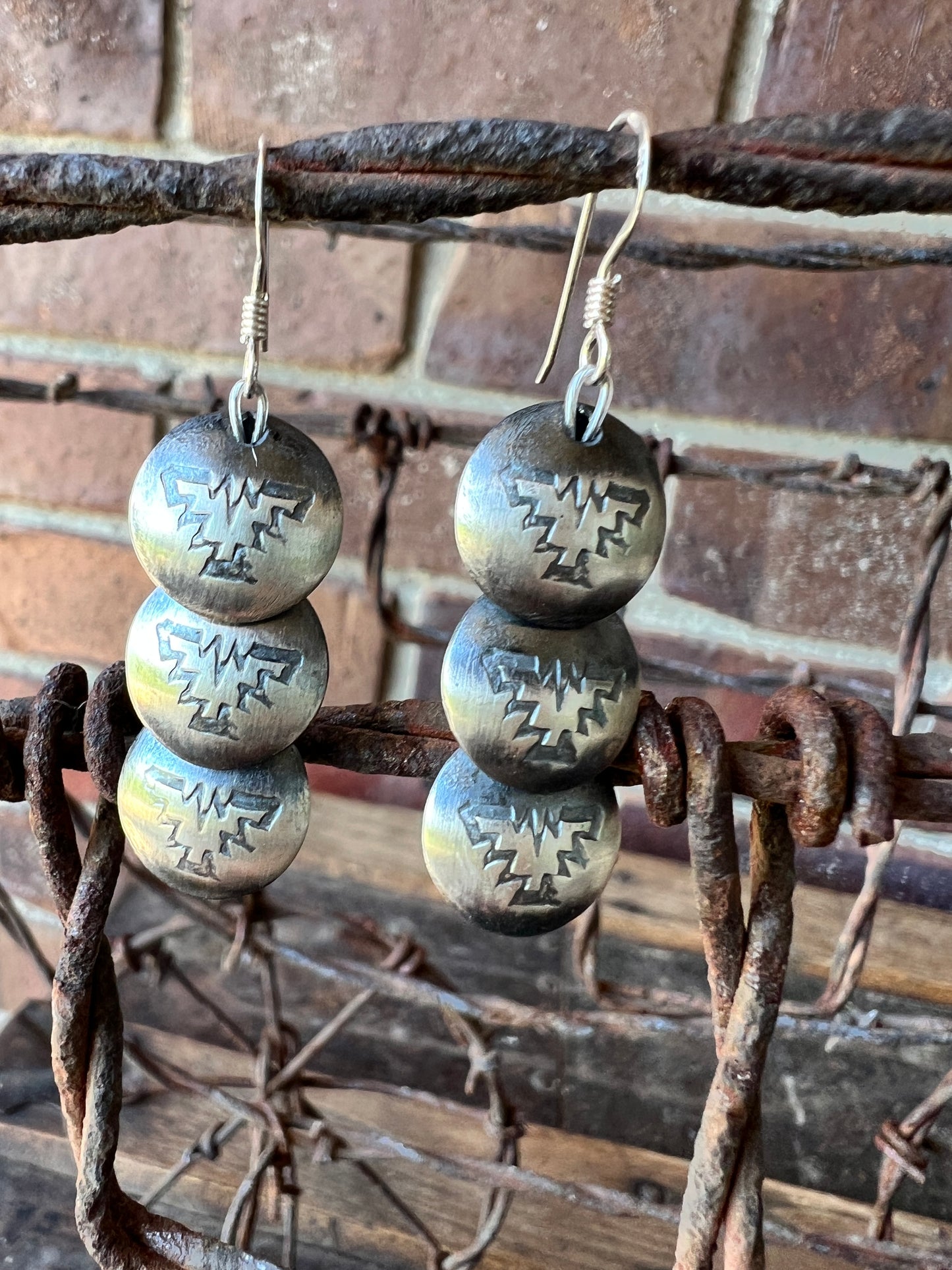Navajo Handmade by Marietta Kelllywood - Sterling Silver Thunderbird Stamped Pillow Pearl Earrings 1.75”