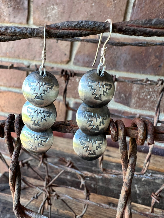 Navajo Handmade by Marietta Kelllywood - Sterling Silver Thunderbird Stamped Pillow Pearl Earrings 1.75”