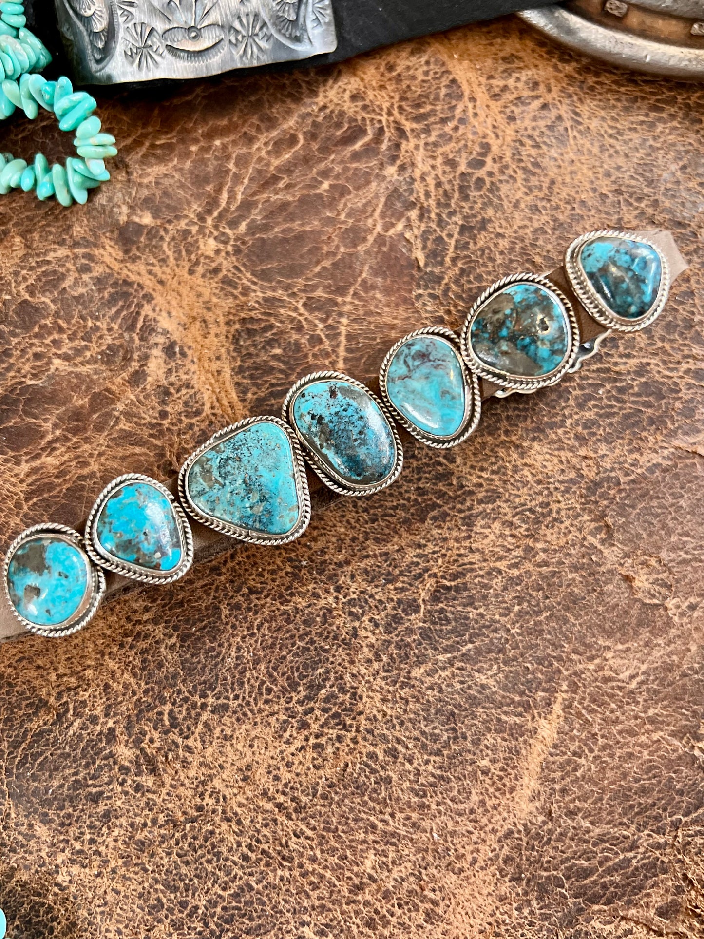 Handmade Sterling, Turquoise on Leather Bracelet Sz 6.5-9”