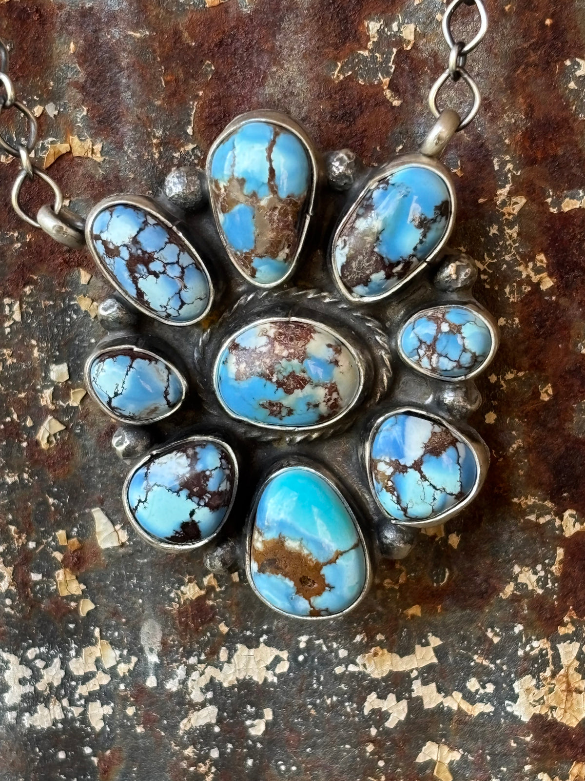 Native Handmade by Ella Peter Golden Hills Turquoise & Sterling Silver Cluster Pendant Necklace 18”