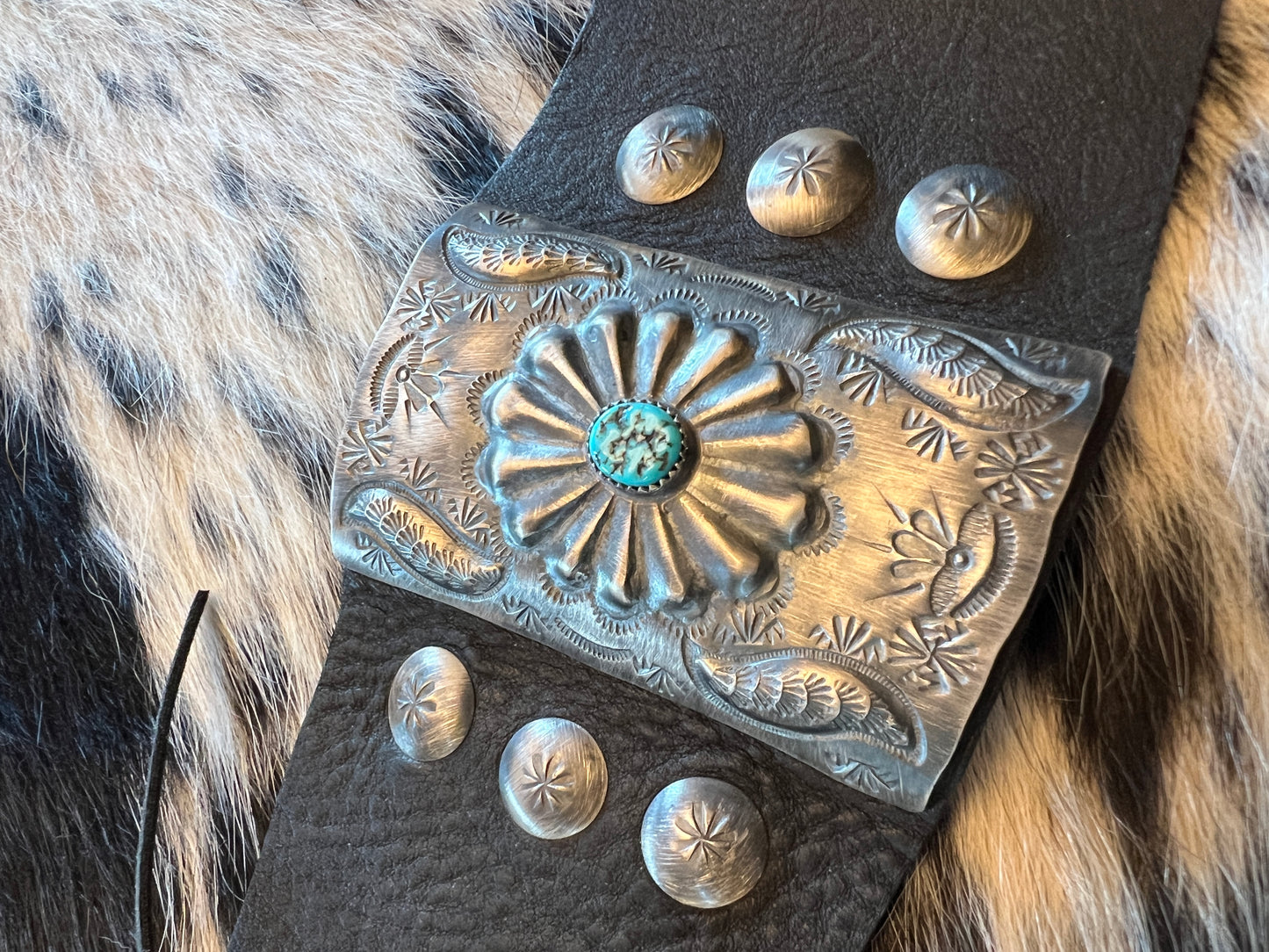Navajo Handmade by Dale Morgan- Sterling, Turquoise & Black Leather Ketoh Sz 8