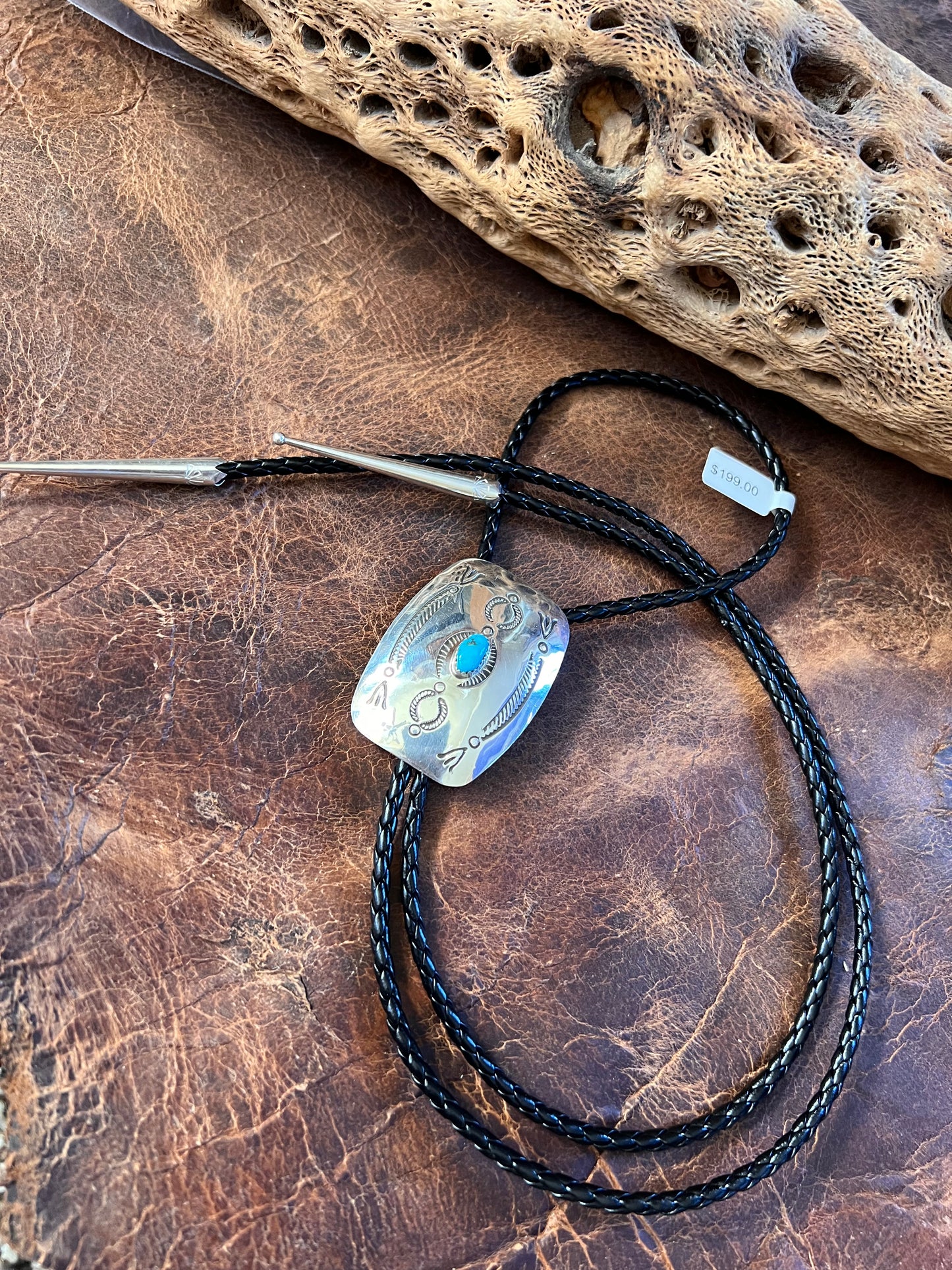 Navajo Handmade Rectangle Sterling Concho with Kingman Turquoise Bolo Necklace by Joann Begay