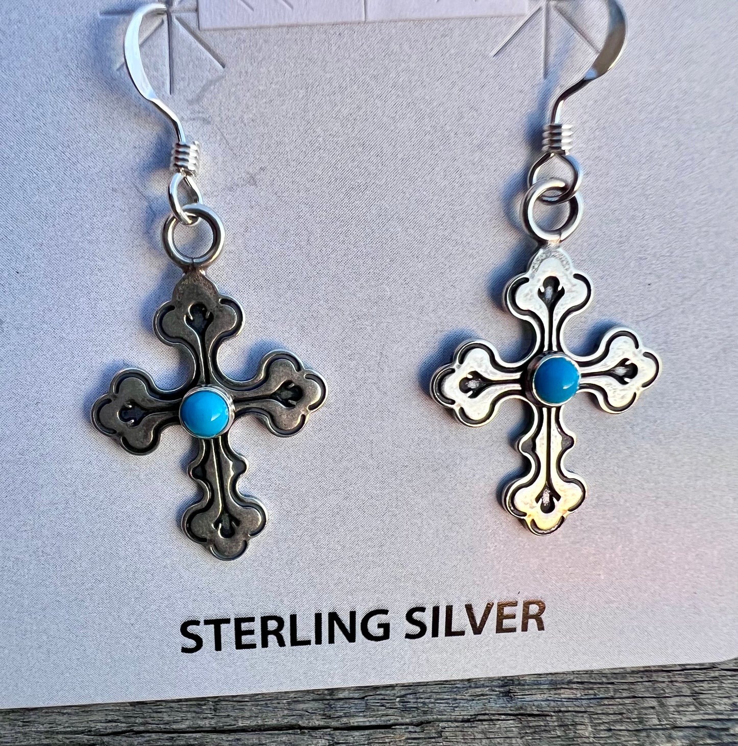 Sterling Silver & Turquoise Cross Dangle Earrings 1.5”