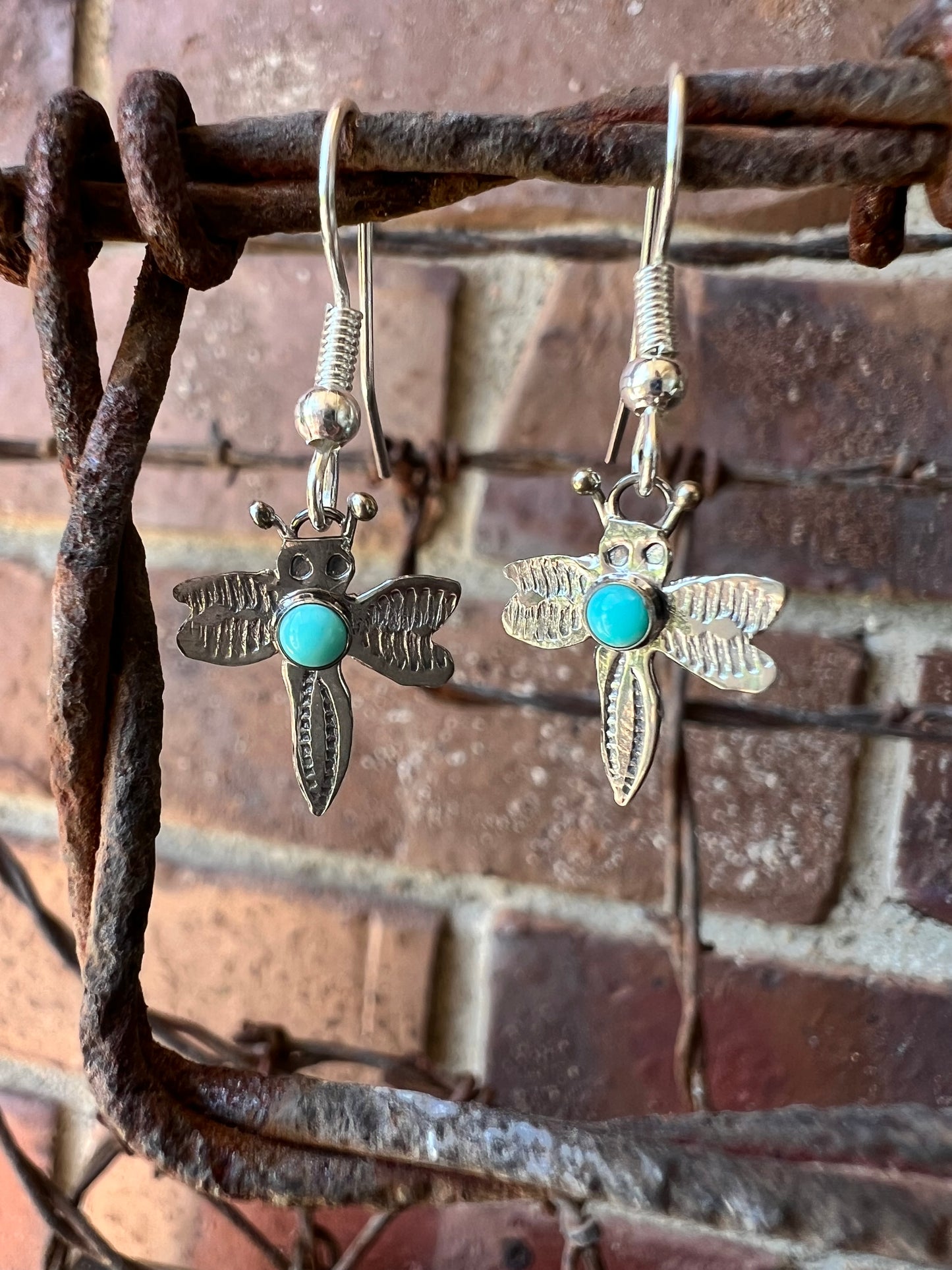 Dainty Handmade by Lucille Platero (Navajo) Turquoise & Sterling Silver DragonflyEarrings 1.25” Length