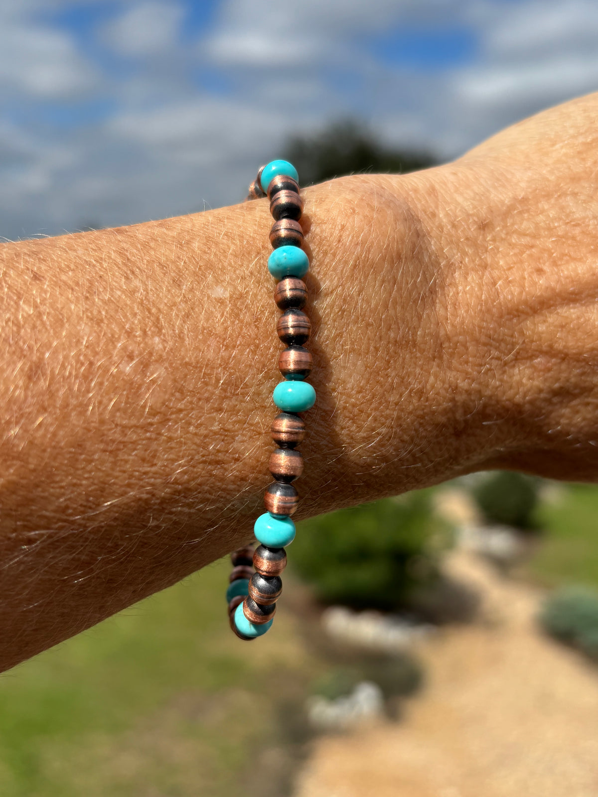 Copper & Campitos Turquoise Bead Stretch Bracelet Sz 7
