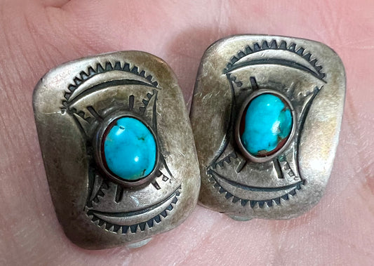 Vintage Native American Handmade Sterling & Turquoise Clip Earrings .8” x .6”