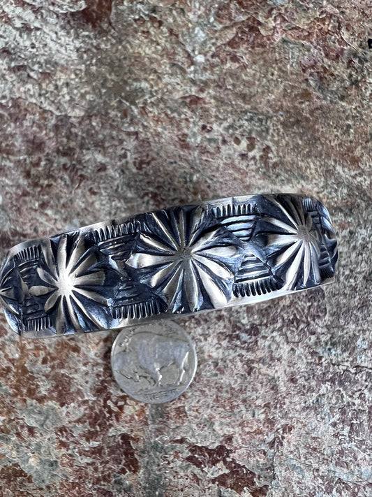 Native American Handmade by Jerald Tahe- Sterling Starshot Cuff Sz 6.5