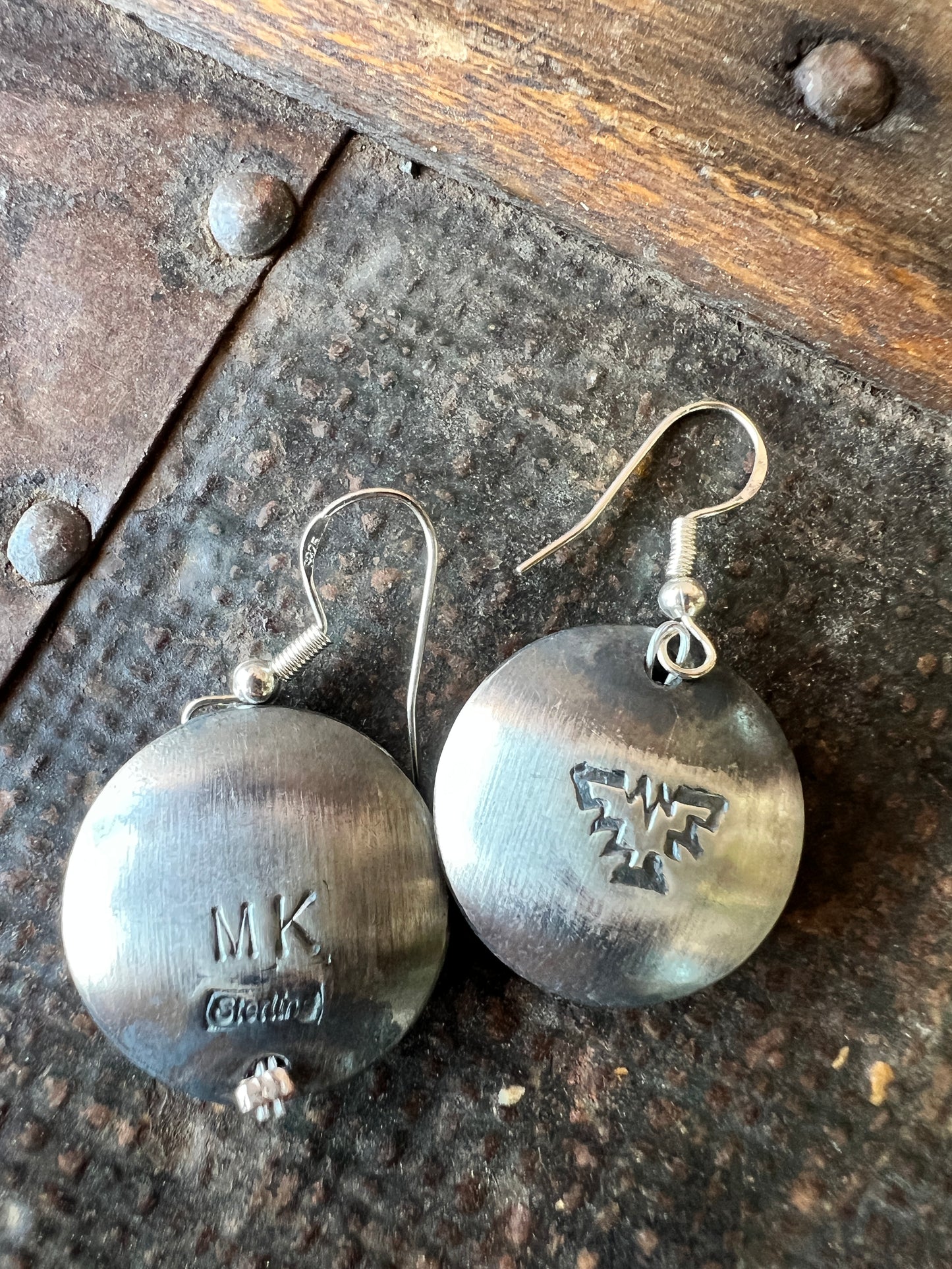 Navajo Handmade by Marietta Kellywood. Sterling Silver Pillow Pearl Thunderbird Stamped Earrings 1.5”