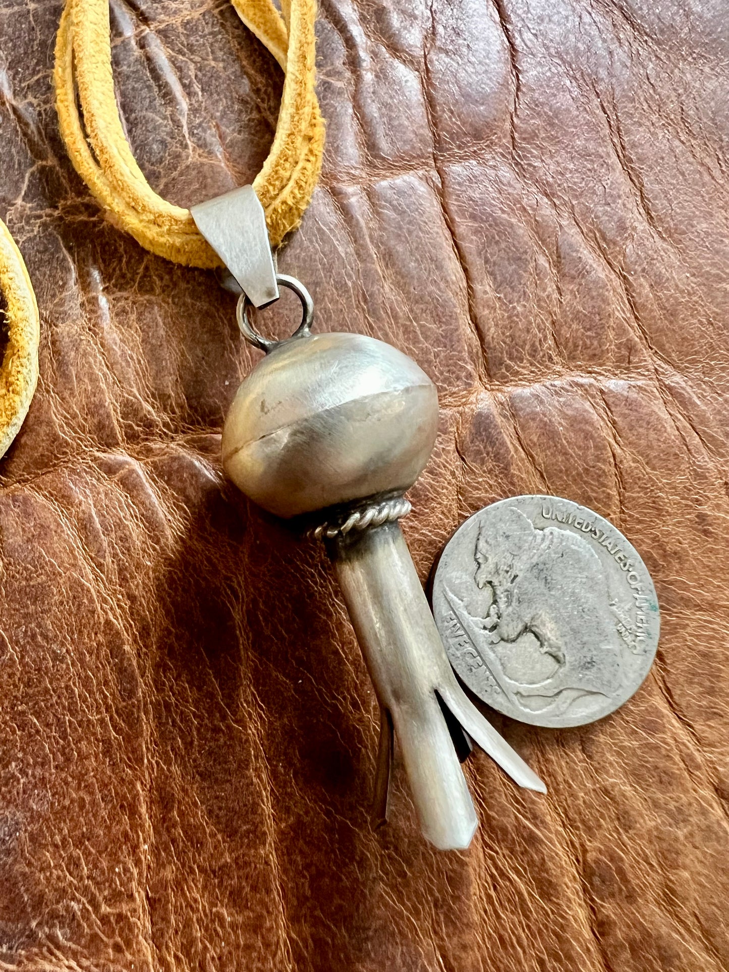 Navajo Handmade by Monica Smith, Sterling Silver Blossom Pendant on Deer Leather Lace Necklace 24”