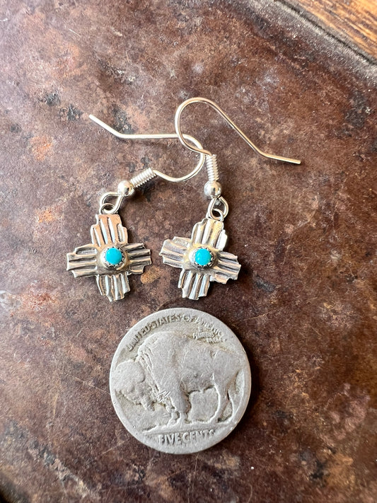 Dainty Handmade by Lucille Platero (Navajo) Turquoise & Sterling Silver Zia Earrings 1 3/8” Length
