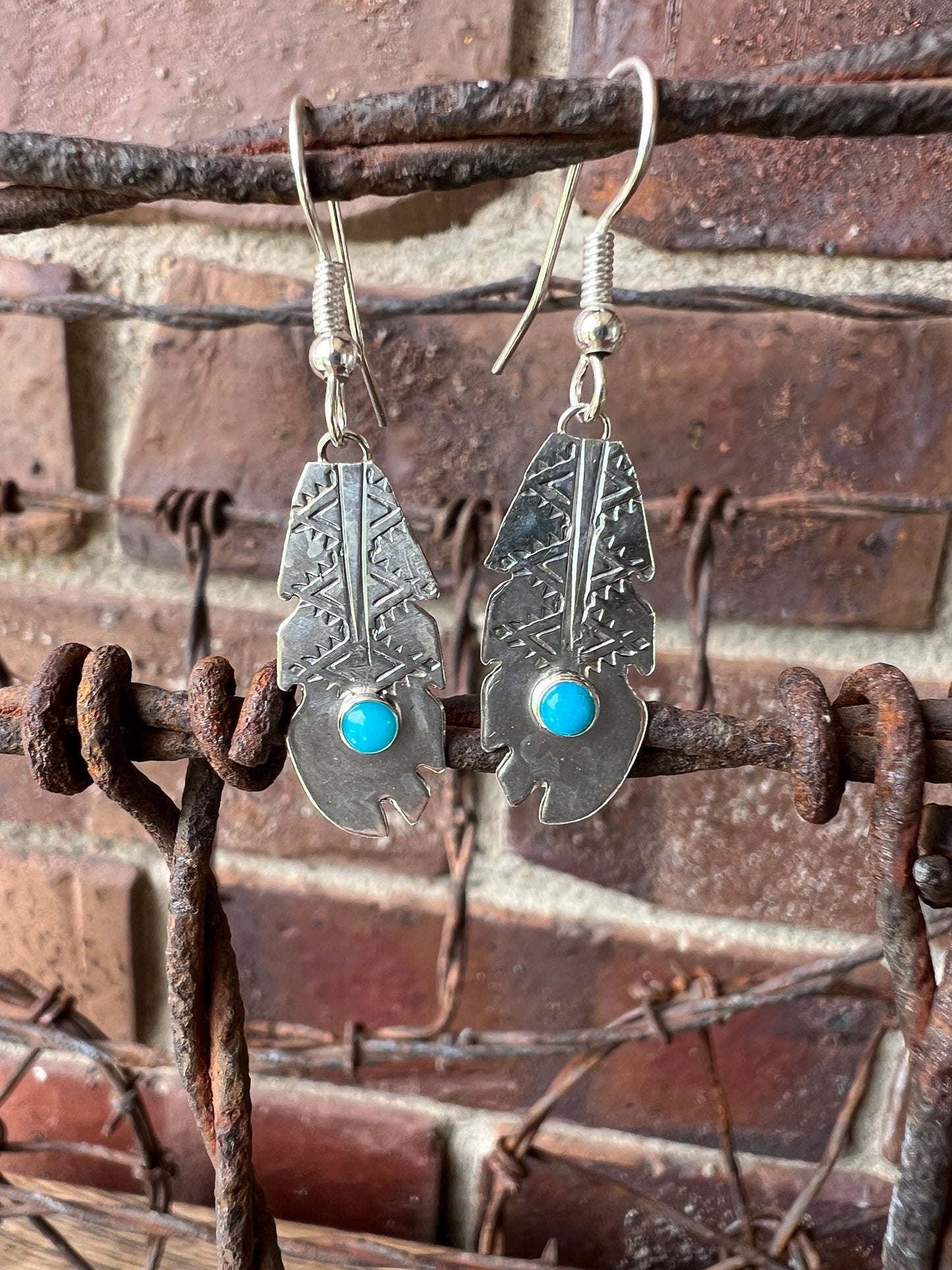 Dainty Handmade by Lucille Platero (Navajo) Turquoise & Sterling Silver Feather Earrings 1 3/4” Length