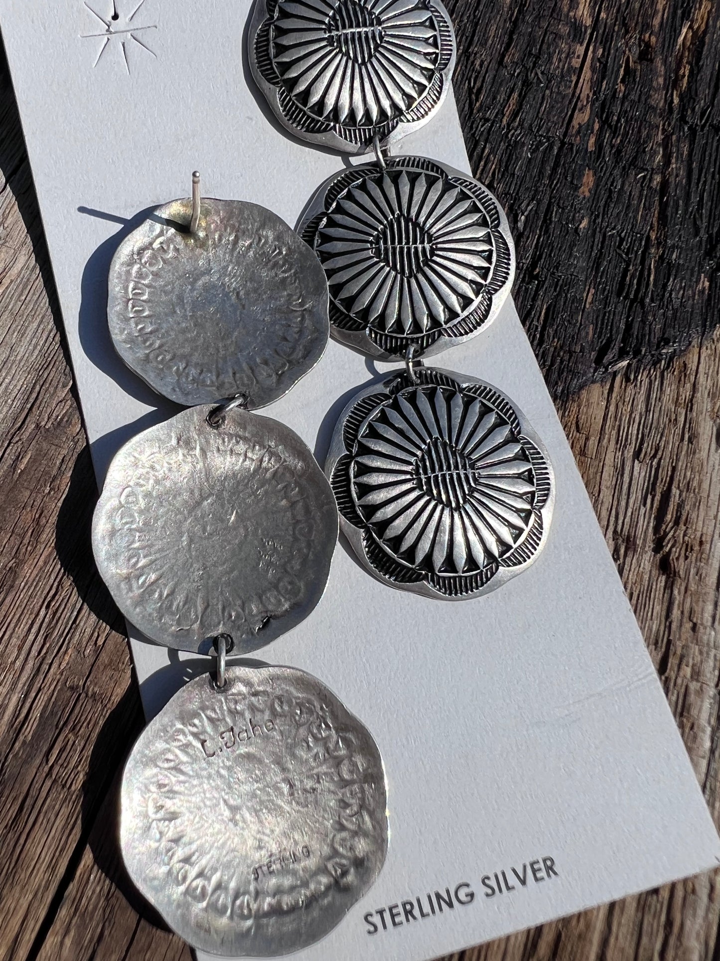 Native American Handmade by Leander Tahe Sterling Stamped 3-Concho(1 1/8”)Post Dangle Earrings 3.5”