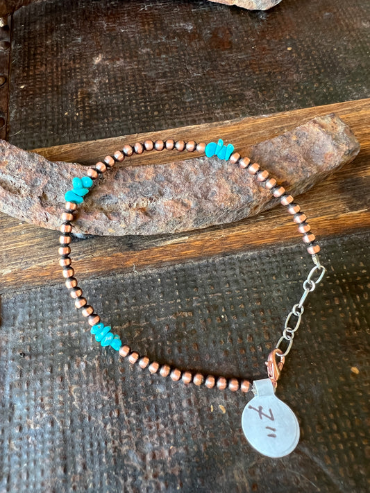 Genuine Copper & Sleeping Beauty Turquoise Beaded Bracelet 7”