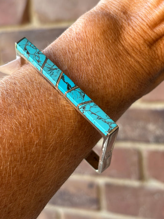 Rare!! Vintage Taxco Mexico Sterling Silver & Inlay Turquoise Square Bangle Bracelet Sz 7