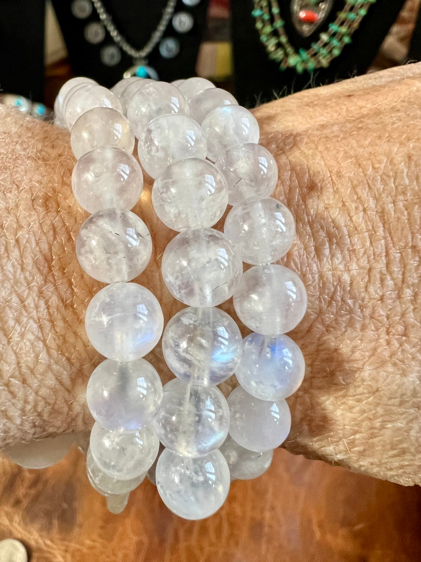 Moonstone 7.5mm Round Bead Stretch Bracelet Sz 7